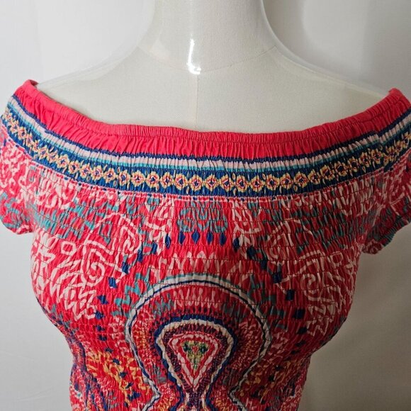 Flying Tomato Paisley Medium Off Shoulder Crop Top Cinch Stretchy Boho Red - Picture 2 of 6